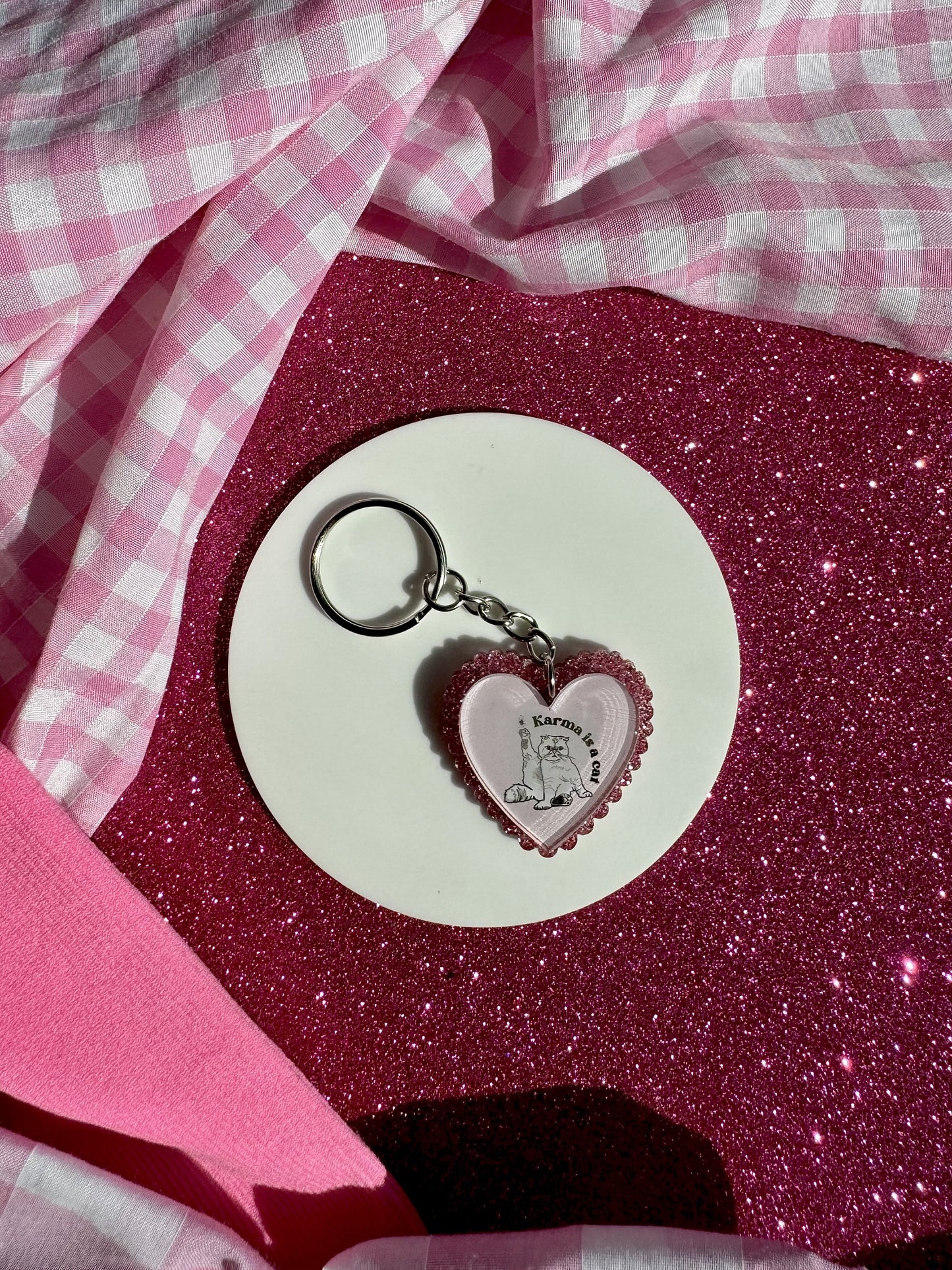 Karma Is A Cat - Pink Keyring