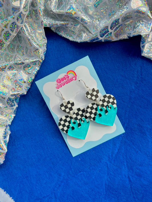Checkered Flame Hearts - Blue Earrings