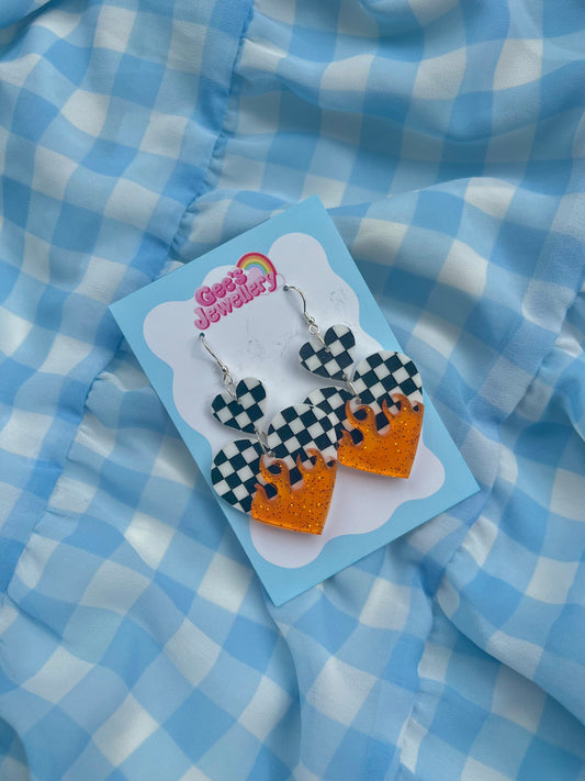 Checkered Flame Hearts - Orange Earrings
